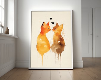 Cats in Love, cat poster, Bedroom, Living room, Abstract wall art, Printable Wall Art, Minimalistic, watercolor art, cat wall decor, love