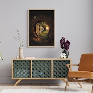 May include: A framed print of a fantasy illustration depicting a round wooden door opening into a lush green forest with a sunlit sky. The door is set into a tree trunk with roots and branches surrounding it.