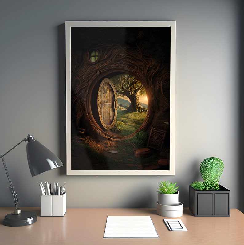 May include: A framed illustration of a wooden door in a round opening in a tree trunk. The door is open and reveals a green field with a tree in the background. The sun is setting in the distance.