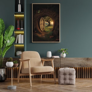May include: A beige armchair with wooden legs sits in front of a framed print of a door in a tree trunk. The print is on a teal wall with a shelf to the left and a wooden shelf with a vase of flowers on the right. The floor is a dark wood with a herringbone pattern.