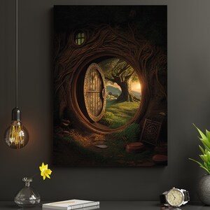 May include: A fantasy-style painting of a wooden door opening into a green meadow with a large tree. The door is set into a tree trunk with vines and roots surrounding it. The scene is lit by a warm, golden light.