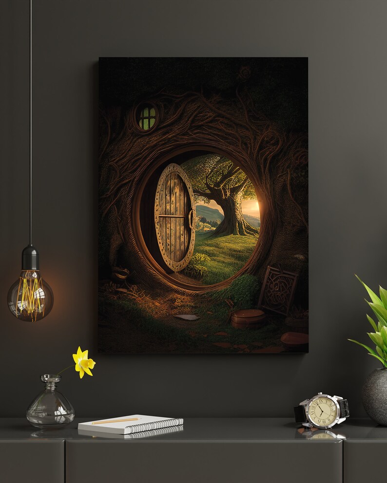 May include: A fantasy-style painting of a wooden door opening into a green meadow with a large tree. The door is set into a tree trunk with vines and roots surrounding it. The scene is lit by a warm, golden light.