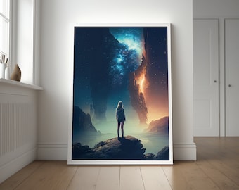 Girl on an Adventure, fantasy poster, Bedroom, Living room, Abstract wall art, gamer wall art, galaxy, girl gamer, space art, futuristic