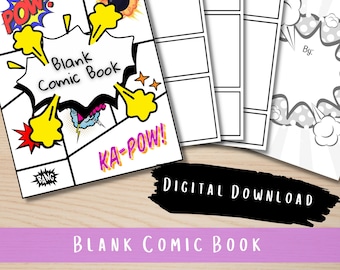 Op de afbeelding: Een printbare lege comicboek sjabloon met een kleurrijke omslag met de woorden "Blank Comic Book" in een spraakballon. De omslag bevat ook verschillende comicboek elementen zoals "POW!" en "KA-POW!" in spraakballonnen, een bom en sterren. De sjabloon bevat verschillende lege panelen om te tekenen en te schrijven.