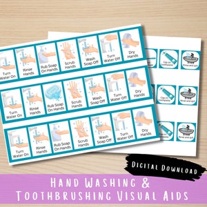 Hand washing & toothbrushing visual aid, step by step hygiene, sequencing kid life skill