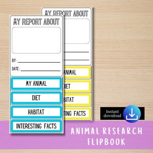 May include: A printable animal research flipbook template with two pages. The pages are yellow and blue with black text. The text on the pages says "My Report About", "Animal", "Diet", "Habitat", "Interesting Facts", "By", "Date", and "Animal Research Flipbook".