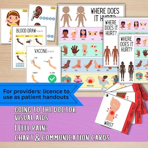 May include: A collection of visual aids for medical settings, including charts and communication cards. The images depict body parts, medical procedures, and pain locations. Text includes "Where Does It Hurt?" and "I Feel Pain: Chart & Communication Cards."