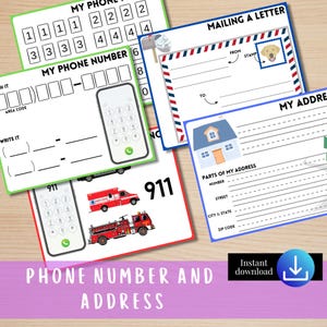 Aprender un número de teléfono, aprender una dirección, paquete de habilidades para la vida, números de teléfono de emergencia, enviar una carta, dónde vivo, estudios sociales en el hogar