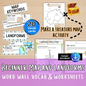 Geographie Karte Fertigkeit und Landform Wort Wand, Kompassrose, Schatzkarte Aktivität, Karte herstellen, Himmelsrichtungen, Geographie, Hausschule