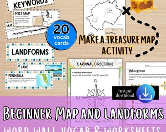 May include: A set of 20 colourful vocabulary cards for teaching map and landform terms. The cards feature illustrations and definitions for terms like "inset map", "lake", and "peninsula".  The set also includes a printable treasure map activity and a worksheet for practicing cardinal directions.