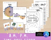 AM PM time unit study, learn to tell time, time activity, math task box, time anchor chart, 1st grade math, 2nd grade math, homeschool math