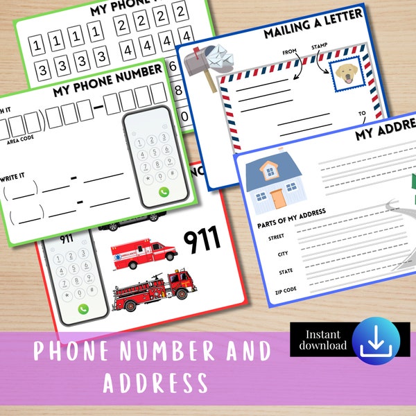 Learning Phone Number, Learning Address Life Skills Bundle, Laminated Emergency Phone Numbers, Mail a letter, Where I live, homeschool