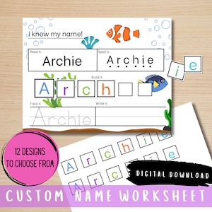 May include: A printable worksheet for learning to spell the name Archie. The worksheet includes a colorful fish illustration, a section to read the name, a section to spell the name, a section to build the name with letter tiles, a section to trace the name, and a section to write the name. The worksheet is designed for children learning to read and write.