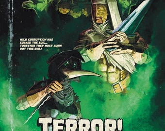 May include: A book cover with a green, yellow, and white illustration of three figures. The figures are standing in front of a green background with a swirling pattern. The title of the book is "Terror! In The Weald".