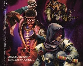 May include: A vintage-style book cover illustration for a fantasy novel titled "Rampage! In the Ruins". The cover features a dark purple background with three characters: a man in a brown and gold robe holding a skull, a woman in a purple hooded cloak holding a book, and a group of monstrous creatures in the background.