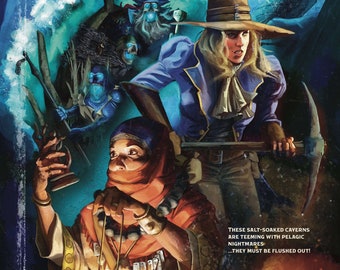 May include: A book cover illustration featuring a group of characters in a dark, watery cave. The characters are a woman in a blue coat and hat, a man in a red robe, and a ghostly figure. The text on the cover reads "Chaos! In the Cove".