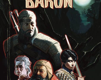 May include: Book cover art for "The Bloody Baron" featuring several characters with swords and armor. The title is in a bold, serif font. The background shows a moonlit forest. The author's name, J. Pankratz, is at the bottom.