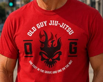 Vlammende schedel T-shirt 'One Foot in the Grave, One on the Mat' | Old Guy Jiu-Jitsu