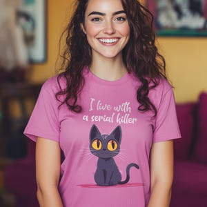 Cat Lover T-Shirt, Funny Graphic Tee, Unisex Shirt with Cute Cartoon Cat, Gift for Animal Lovers, Cat Mom or Dad, Killer Cat Shirt