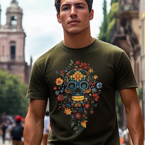 Camiseta unissex com caveira e flores do Dia dos Mortos, camiseta Dia de los Muertos, camiseta com caveira de açúcar, blusa com esqueleto floral, vestuário para o feriado mexicano,