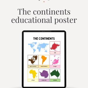 Continenten poster, educatieve kunst aan de muur, terug naar school, homeschool afdrukbaar, poster speelkamer, decor leraar klaslokaal, digitale download