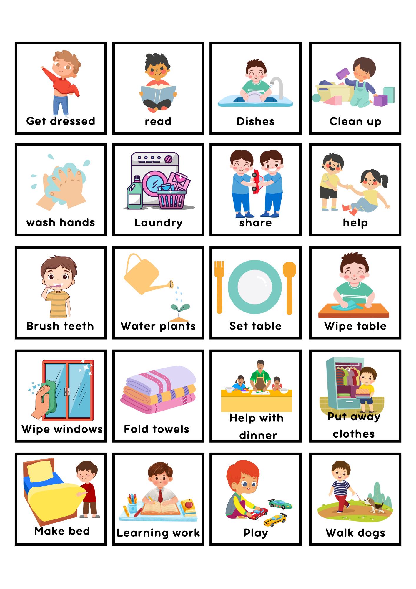 May include: A set of 20 illustrated cards depicting daily routines for children. Each card features a colorful illustration and a corresponding text label, such as "Get dressed," "Wash hands," and "Make bed." The cards are designed to help children learn and follow a daily schedule.