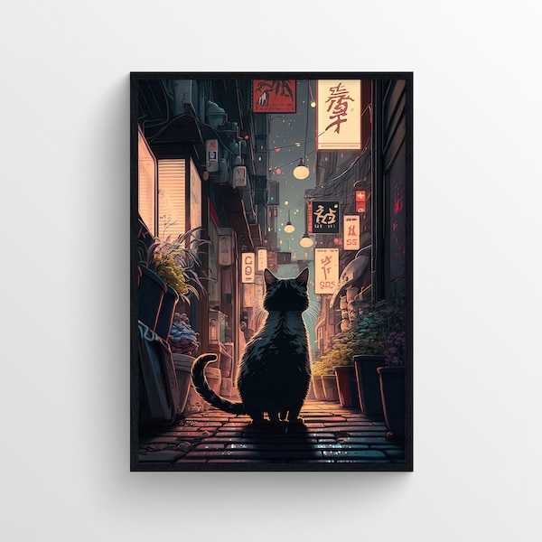Kat in steegje | Japanse Cyberpunk Style Wall Art Print