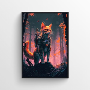Cyberpunk Cat en bosque / Wall Art Poster Print