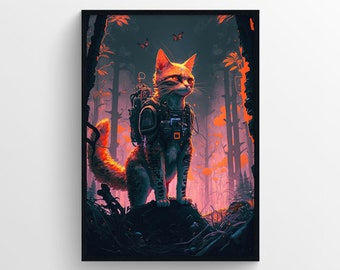 Cyberpunk Cat in Forest | Wall Art Poster Print