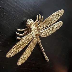 May include: A gold-toned metal dragonfly door knocker with intricate details on the wings.