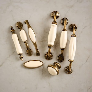 White Ceramic Cabinet Pulls: Brushed Brass Vintage Dresser Knobs for Modern Home Kitchen