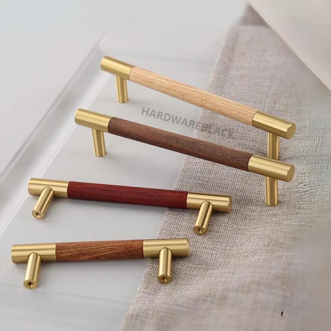 Brass and Wood Drawer & Cabinet Pulls – Long Solid Handles for Kitchen ... - Timber Cabinets With Brass Drawer Pulls