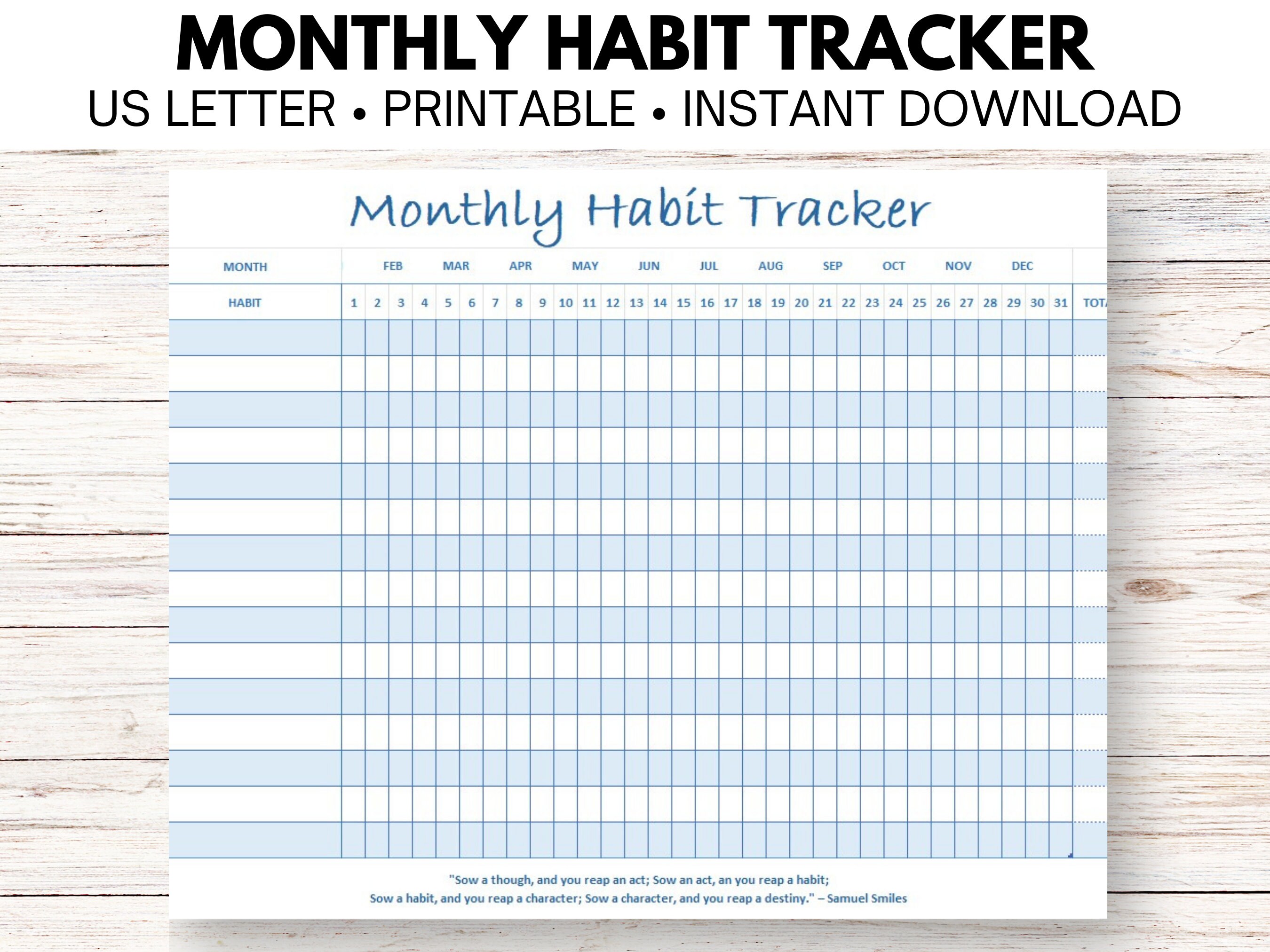 Simple Monthly & Daily Habit Tracker Printable Landscape, Letter ...