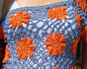 Häkeltop Muster: Blaue und Orange Blumen Motive, Spitzentop Häkelmuster, Meer und Blumen Top, Sommer häkeln, Netz Top
