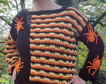 Häkelmuster: Spinnenpullover Muster, Spinnen Motive Muster, Halloween, Häkelpullover, Pullover, Sweater, Gerippter Pullover, Gestreifter Pullover