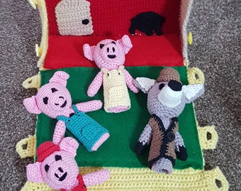 Häkelanleitung: Drei kleine Schweinchen und Hausspielmatte, Kinderreim Fingerpuppen, Schweinchen und Wolftiere, Spielmatte, Geschichtenerzählen