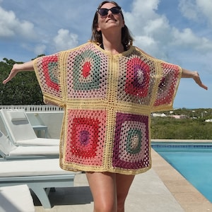 Crochet Pattern: Sunburst Poncho Pattern, Granny square crochet, Beach cover up pattern, Summer crochet, pattern, colourful crochet pattern.