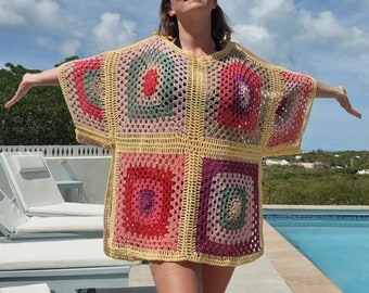 Häkelanleitung: Sunburst Poncho Muster, Oma Quadrat häkeln, Strand Cover Up Muster, Sommer häkeln, Muster, bunte Häkelmuster.