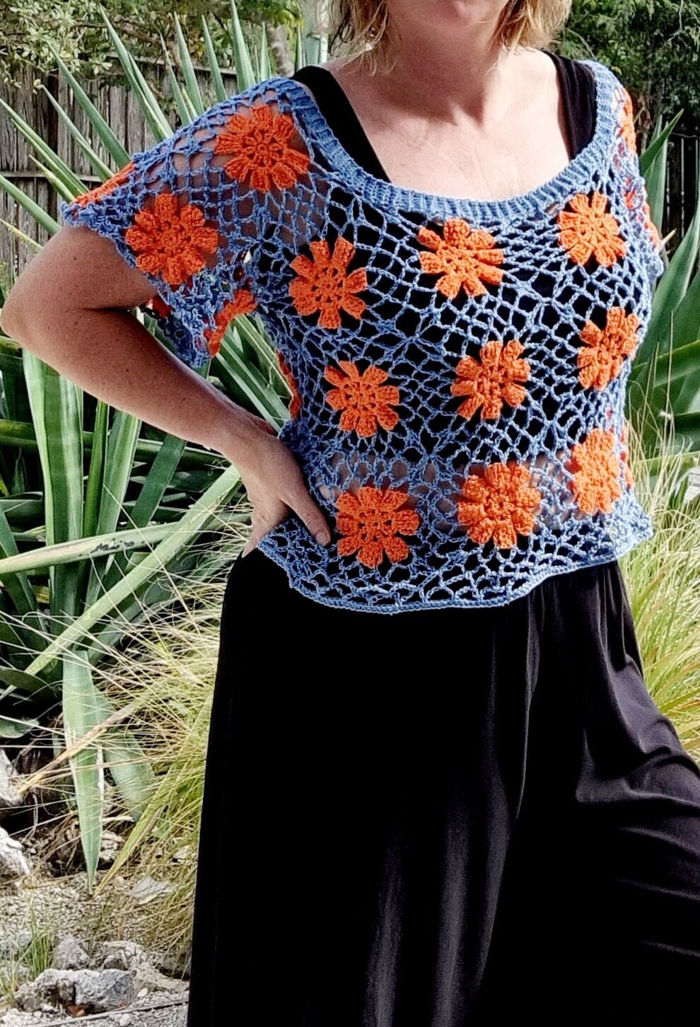 Crochet Top Pattern: Blue and Orange Flower Motifs, Lace Top