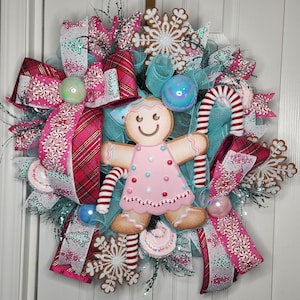 Christmas Holiday Candyland Wreath, Gingerbread Girl with Candy Wreath, Door Decor, Handmade Gift