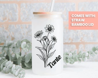 tante tumbler, tante frosted cup, tante aunt gift,  tante german, tante dutch, 16 oz Frosted Glass with Bamboo Lid and Clear Plastic Straw