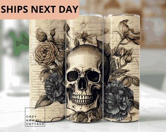 floral skull tumbler, Halloween tumbler, Floral Skull Gifts, 20 oz Tumbler, Skull Cup With Lid and Straw, skull and flowers, skull skinny,
