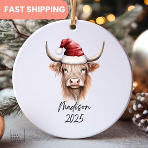 Highland cow, personalized ornament, Scottish, Santa hat, Christmas 2024, Scotland, gifts, farmhouse, cow lover, cow gift