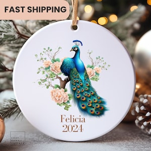 Peacock Ornament, peacock gift, peacock bauble, peacock Christmas, bird gift, bird lover, tree, custom name, personalized