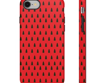 May include: A red phone case with a repeating pattern of small green Christmas trees. The case is shown from the front and side, highlighting the design and the phone's camera and buttons.