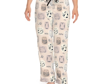 Nyckfulla pyjamasbyxor med katttema för kvinnor, söta sovkläder, mysiga loungebyxor, present till kattälskare, avslappningskläder