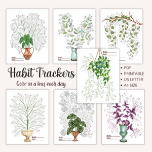 May include: Set of six printable habit trackers featuring different watercolour illustrations of potted plants. Each tracker has a space to write the month and habit.  Colour in a leaf each day to track your progress.