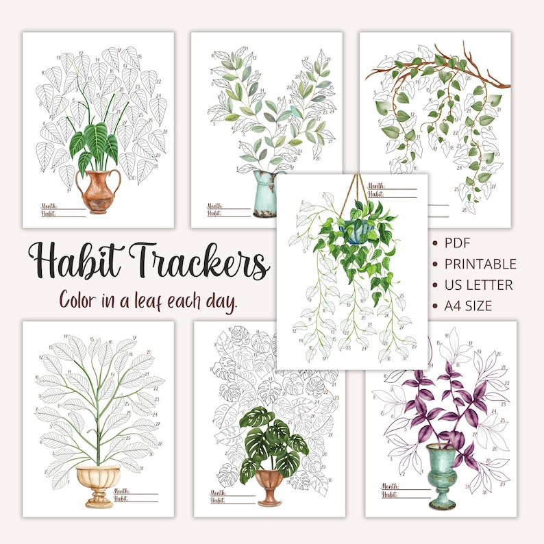 May include: Set of six printable habit trackers featuring different watercolour illustrations of potted plants. Each tracker has a space to write the month and habit.  Colour in a leaf each day to track your progress.