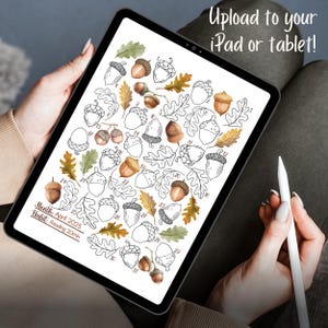 Puede incluir: Un planificador digital en la pantalla de una tableta con un fondo de acuarela de hojas y bellotas. El planificador est&aacute; dise&ntilde;ado para hacer un seguimiento de un h&aacute;bito para el mes de abril de 2025, siendo el h&aacute;bito "Lectura 20min". Hay 31 c&iacute;rculos numerados para colorear, que representan cada d&iacute;a del mes.
