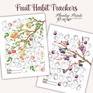 May include: Two printable habit trackers featuring watercolour illustrations of apple and plum branches. Each tracker has 31 circles to colour in for each day of the month. The text "Fruit Habit Trackers" and "Plantsy Prints Company" is at the top of the page.